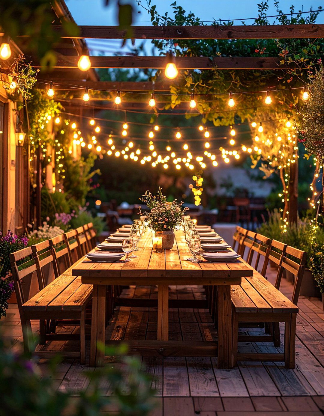 Bistro lighting over dining table - 30 outdoor lighting ideas