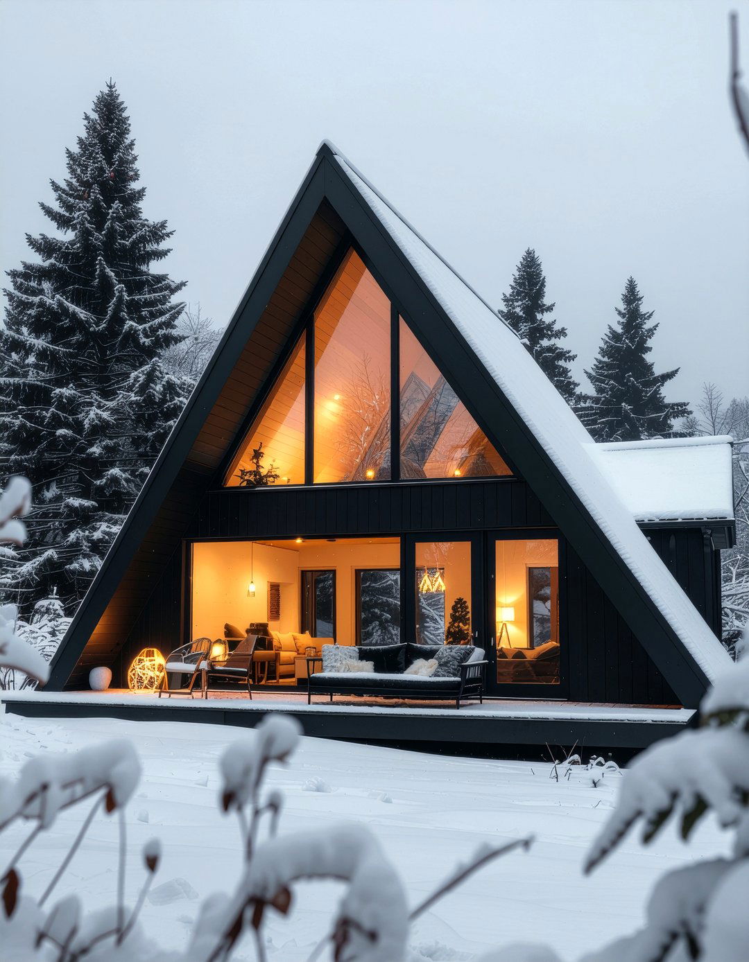 Black A frame living room exterior view - 30 living room A-frame ideas