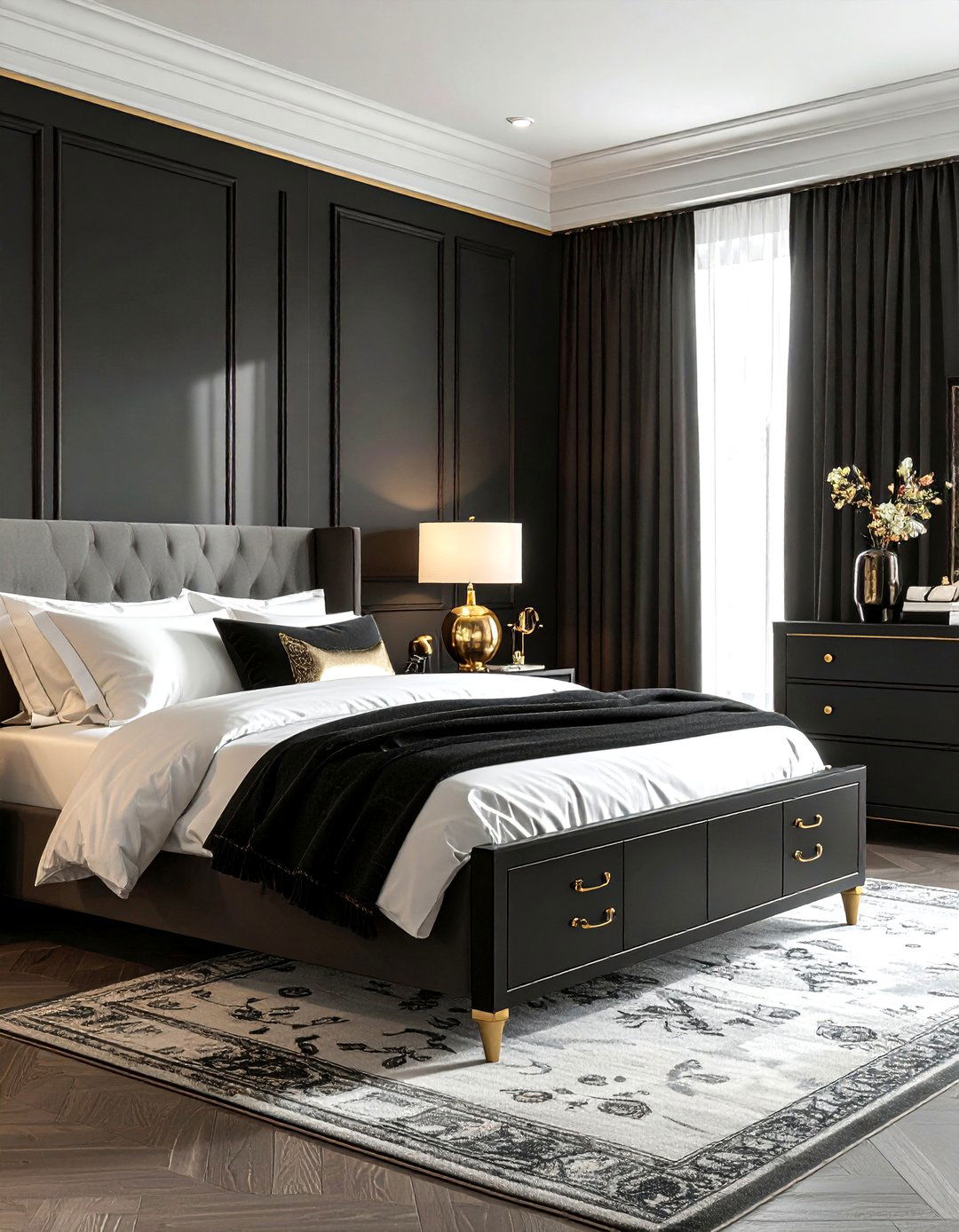Black And Brass Accents - 30 black bedroom design ideas