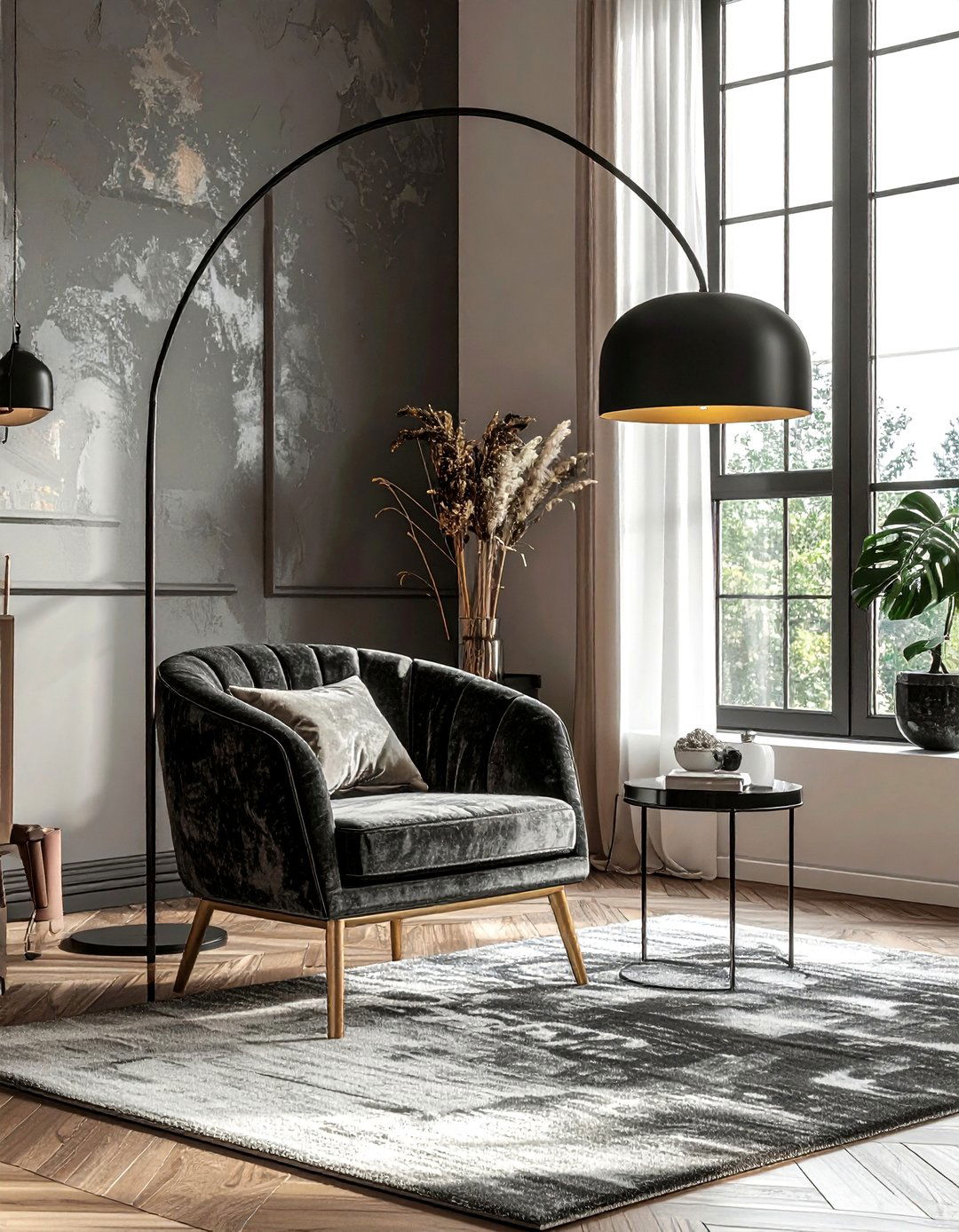 Black Arc Lamp - 30 bohemian black living room ideas
