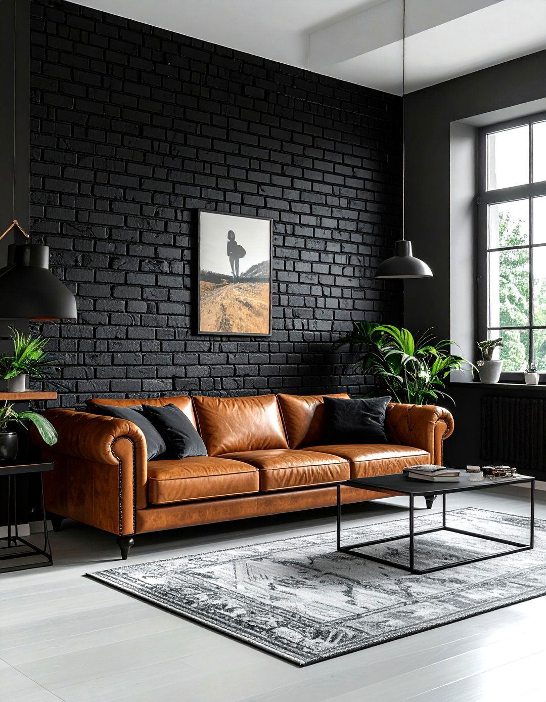 Black Brick Wall - 30 black living room ideas