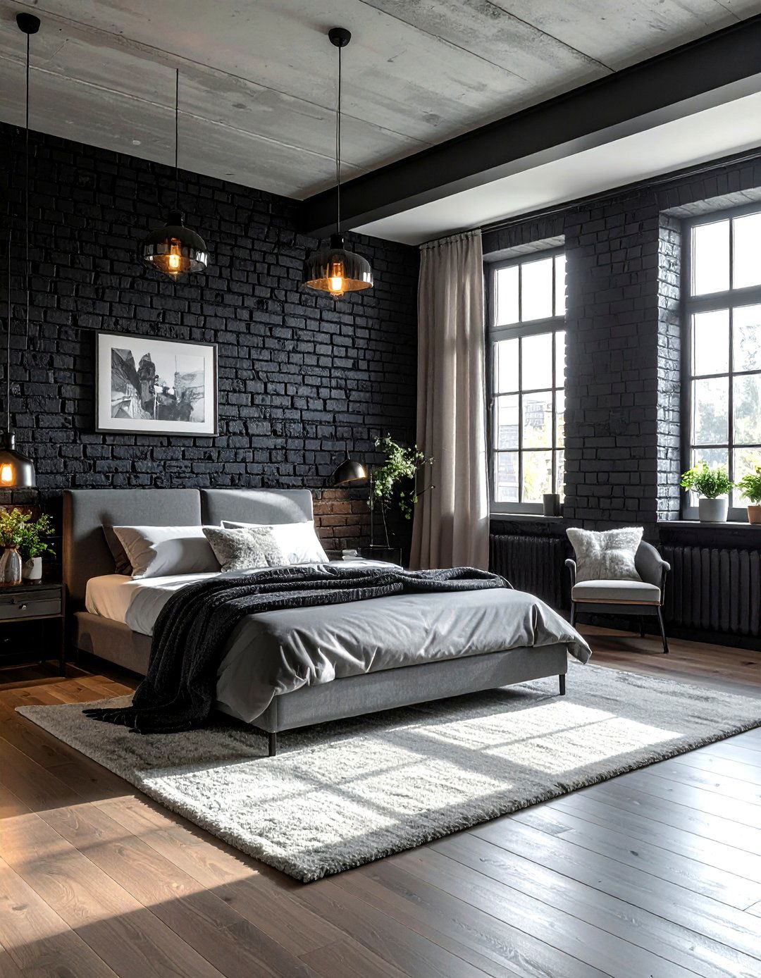 Black Brick Wall - 30 dark black bedroom ideas