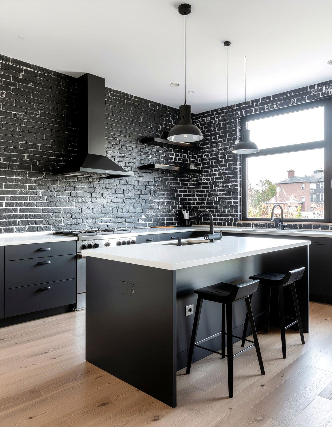Black Brick Wall - 30 all black kitchen ideas