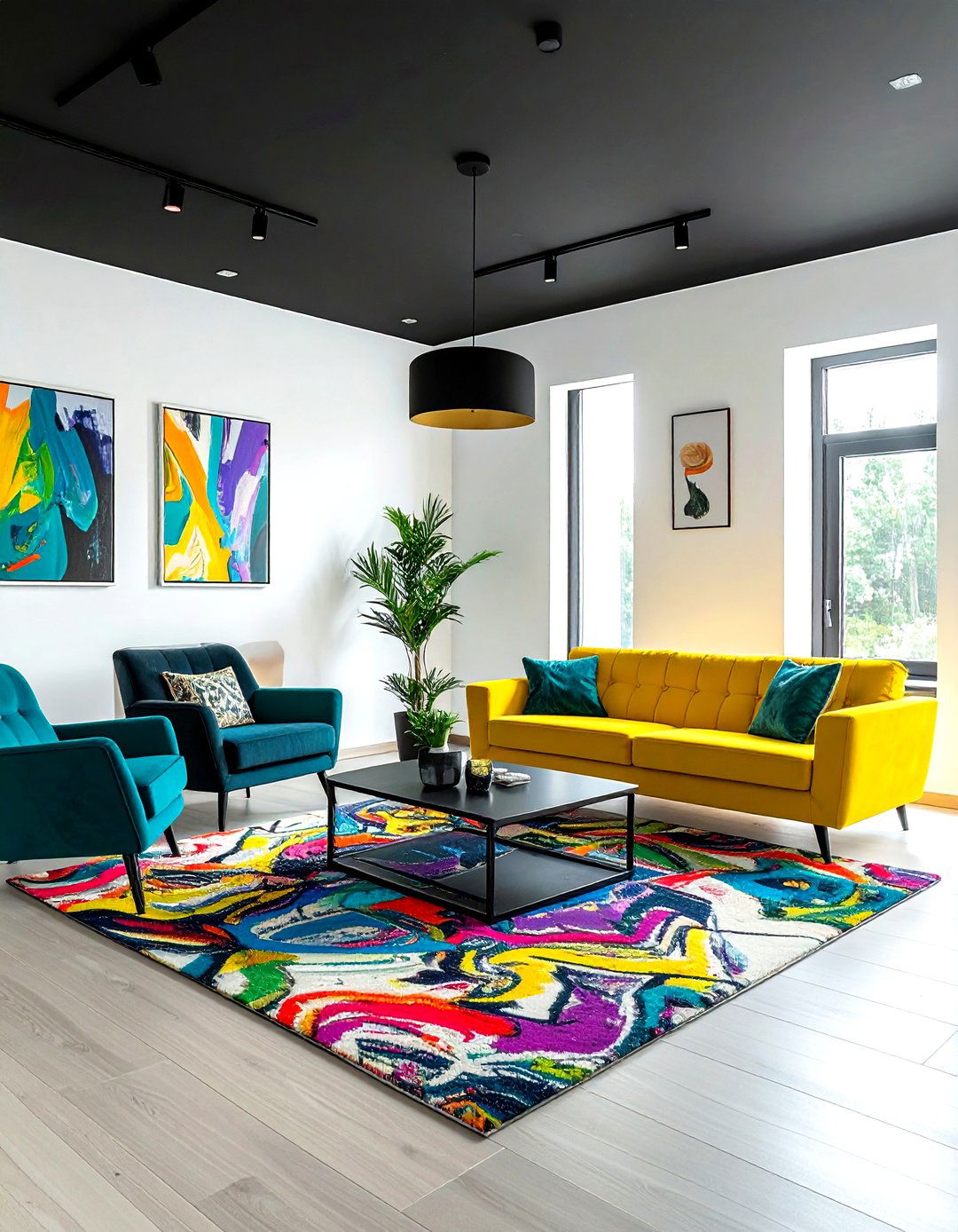 Black Ceiling Colorful Furniture Living Room - 30 living room black ceiling ideas