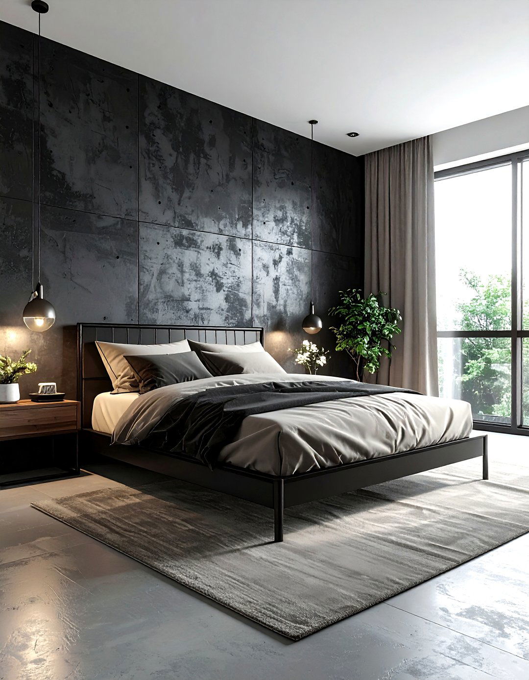 Black Concrete Wall - 30 minimalist black bedroom ideas