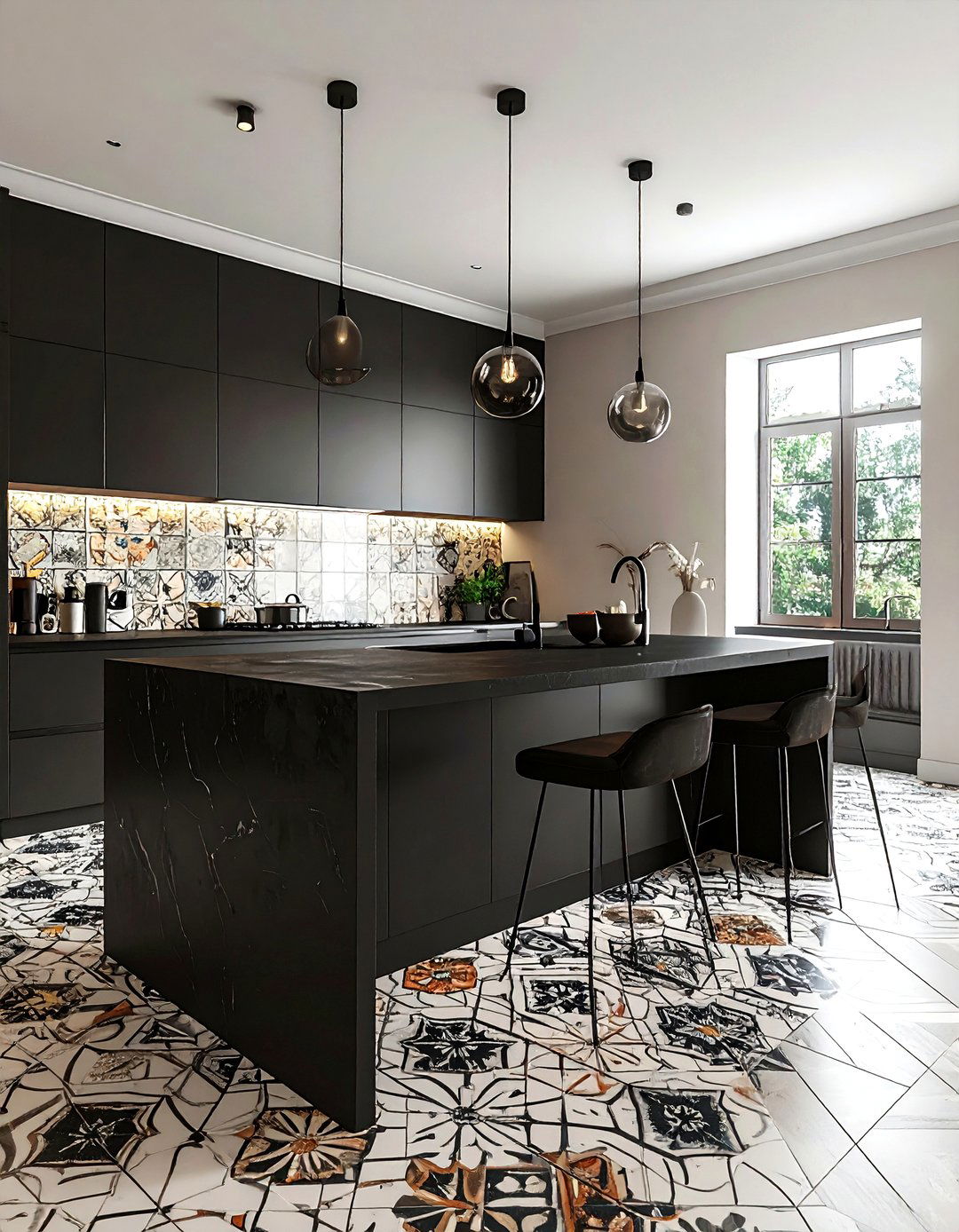 Black Countertop Patterned Tile Floor - 30 black countertop kitchen ideas