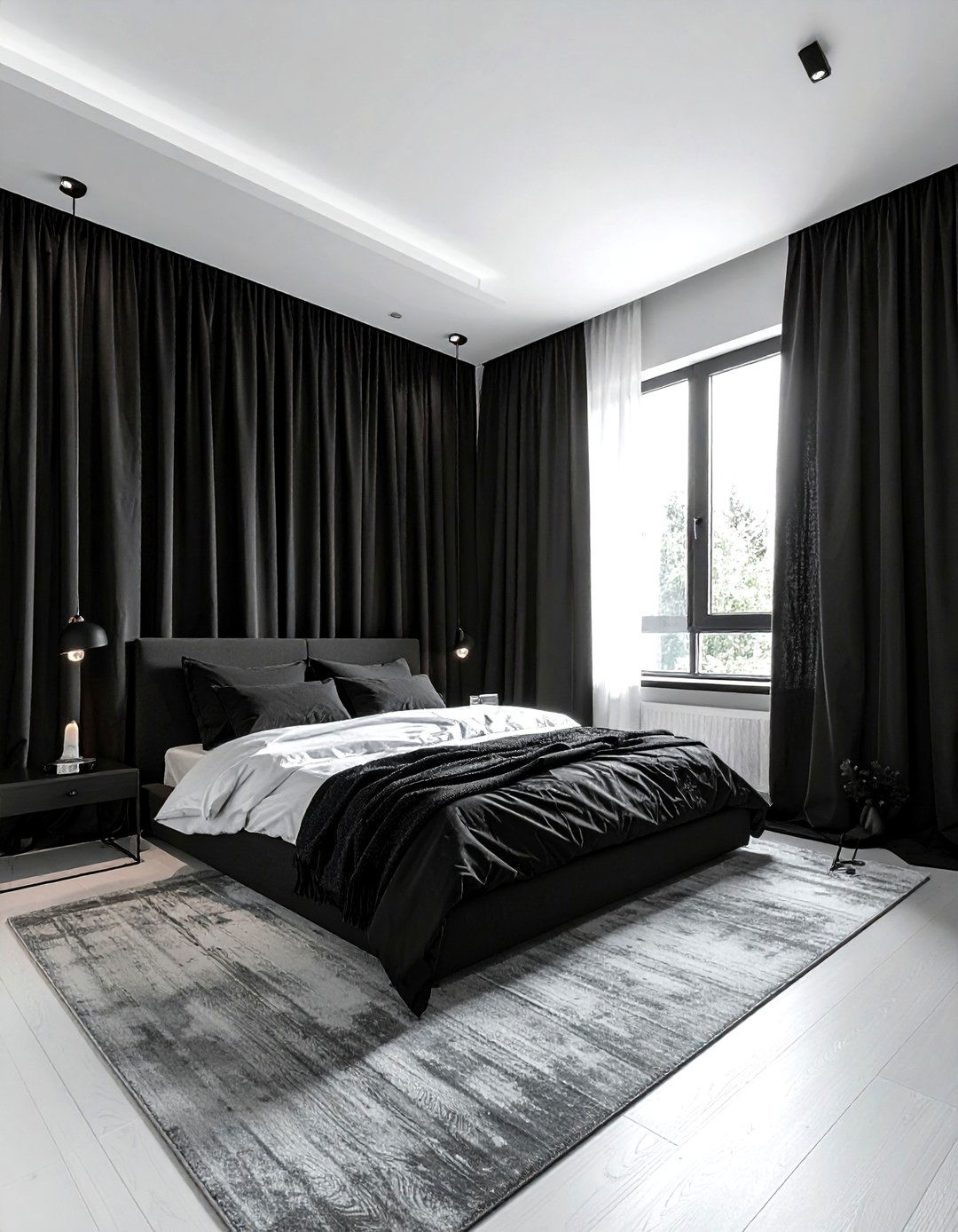 Black Curtains - 30 minimalist black bedroom ideas