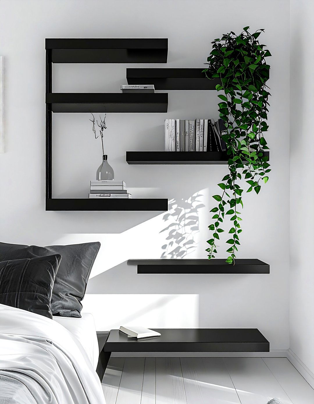 Black Floating Shelves - 30 black bedroom accessories ideas