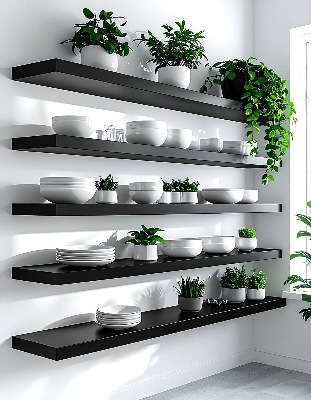 Black Floating Shelves - 30 black kitchen accessories ideas