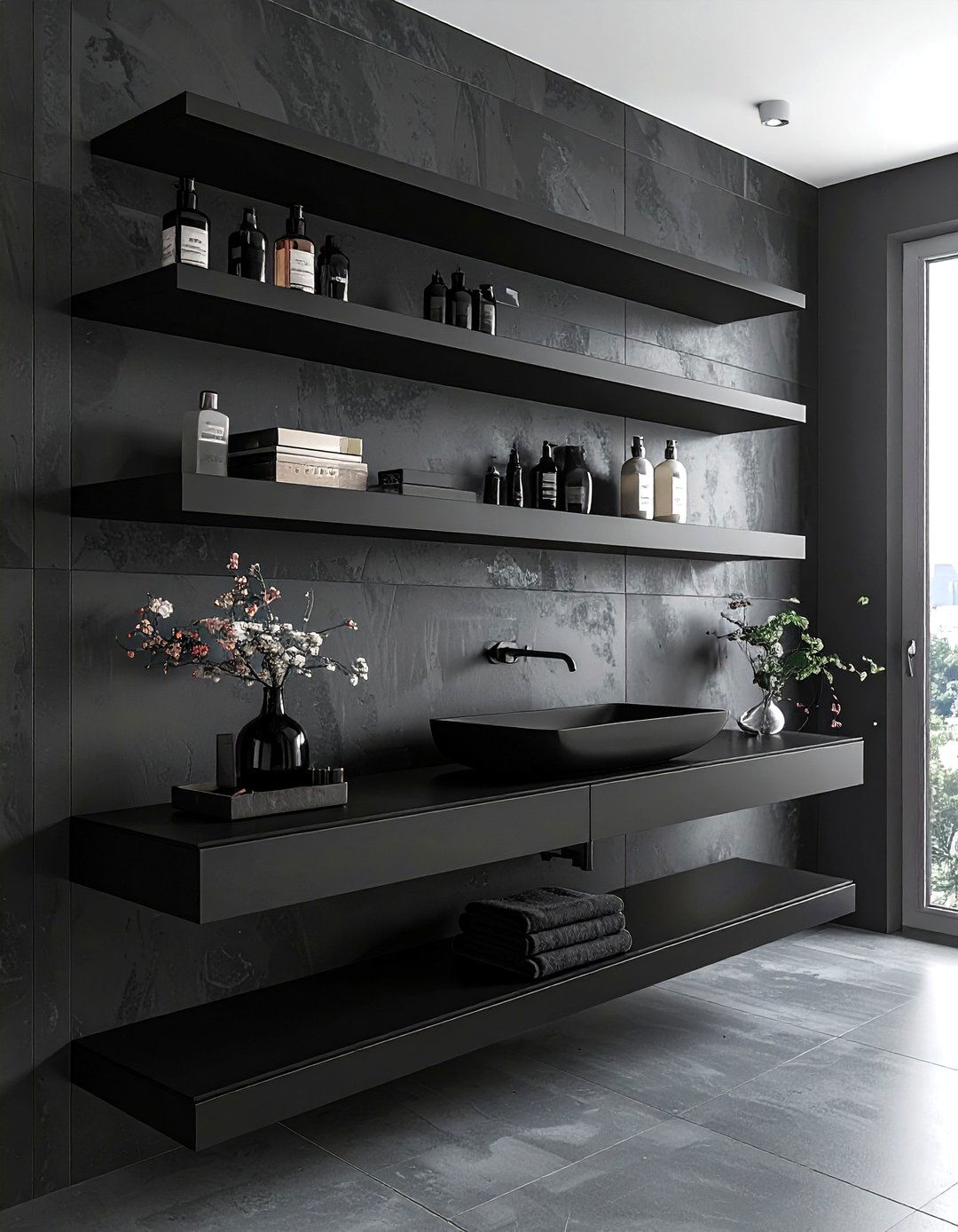 Black Floating Wall Shelf - 30 black bathroom furniture ideas