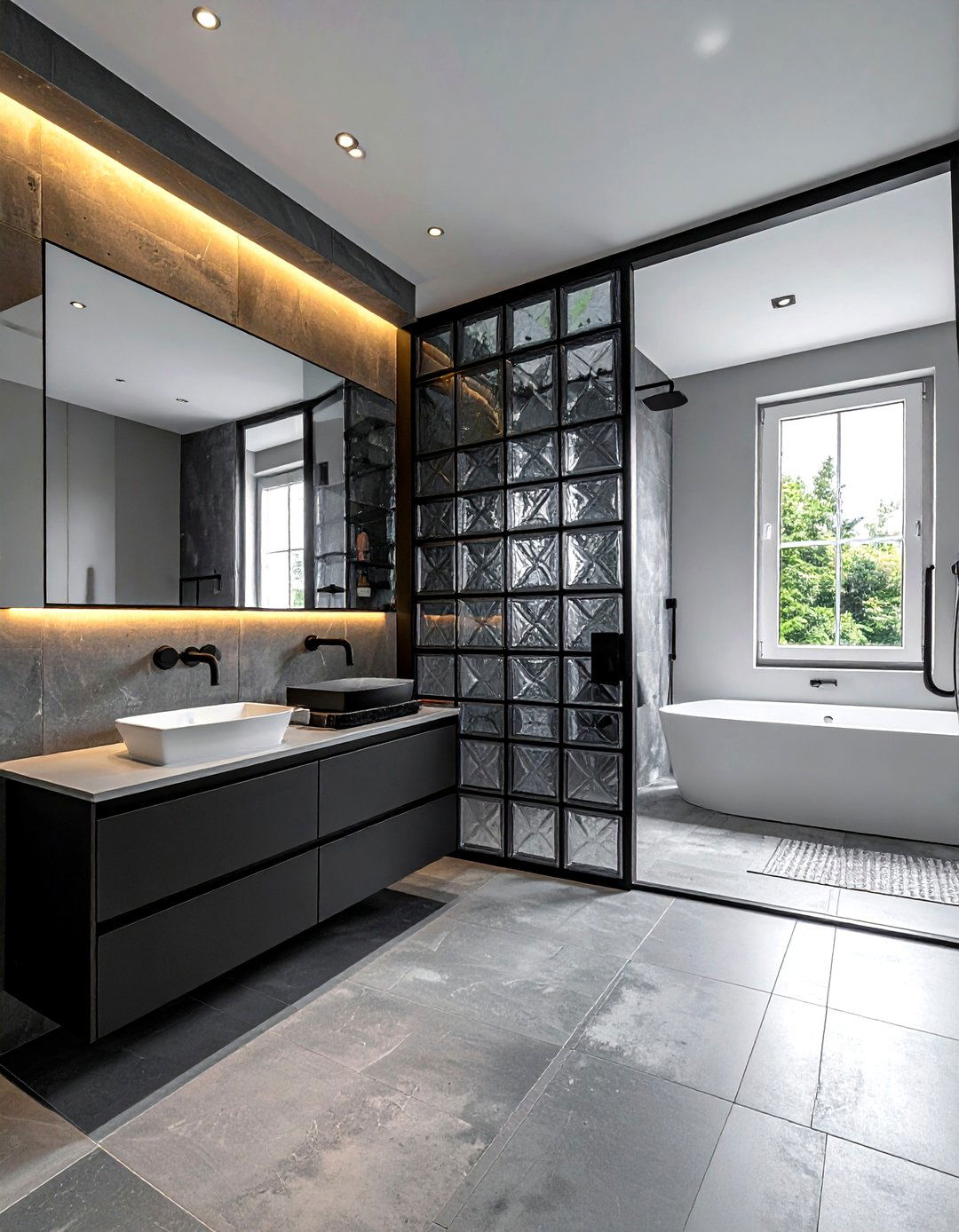 Black Frame Glass Block Wall - 30 glass block bathroom ideas