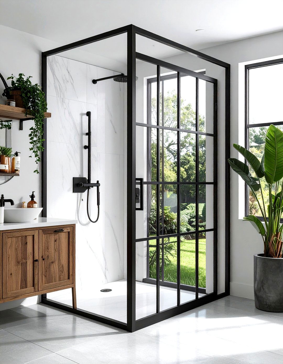 Black Framed Shower Door - 30 modern farmhouse bathroom ideas