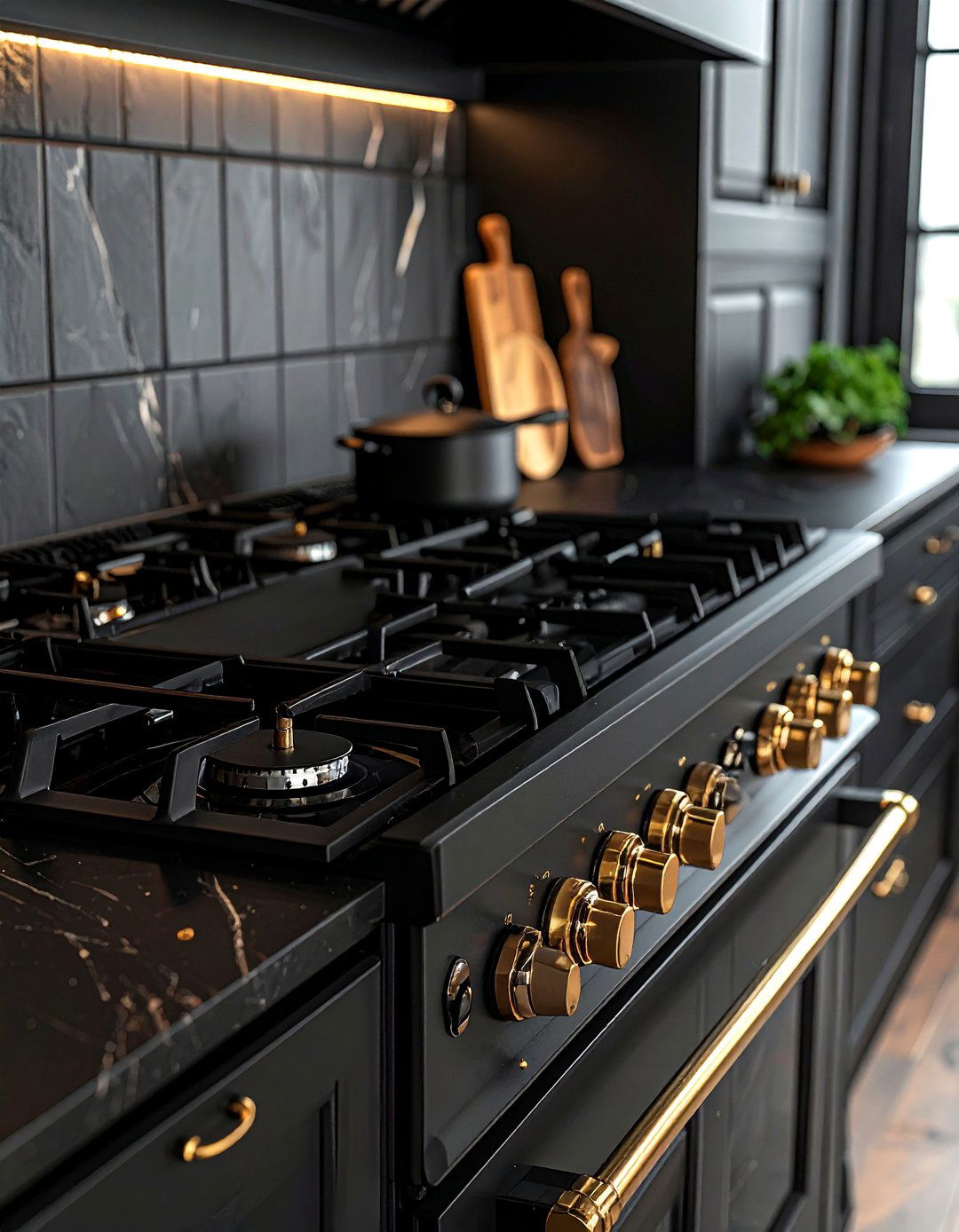 Black Gas Range - 30 black accent kitchen ideas