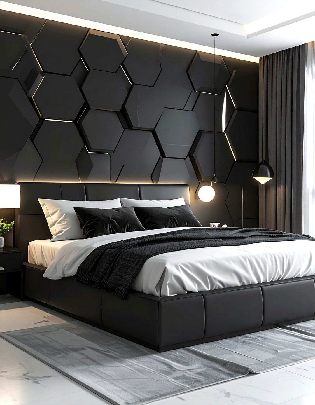 Black Geometric Wall - 30 contemporary black bedroom ideas