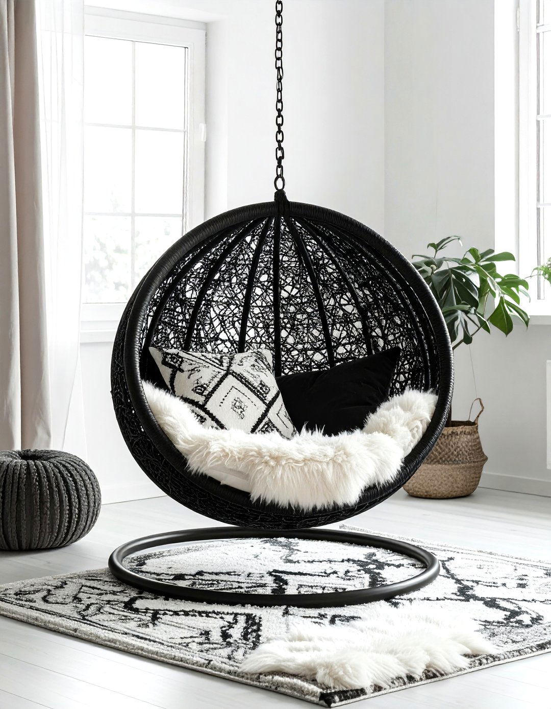 Black Hanging Chair - 30 bohemian black living room ideas