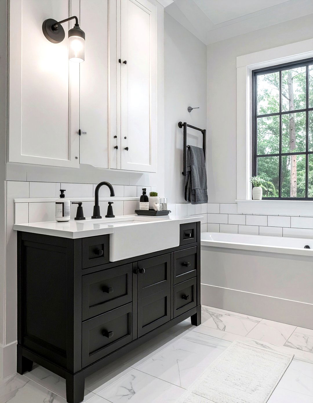 Black Hardware Accents - 30 modern farmhouse bathroom ideas