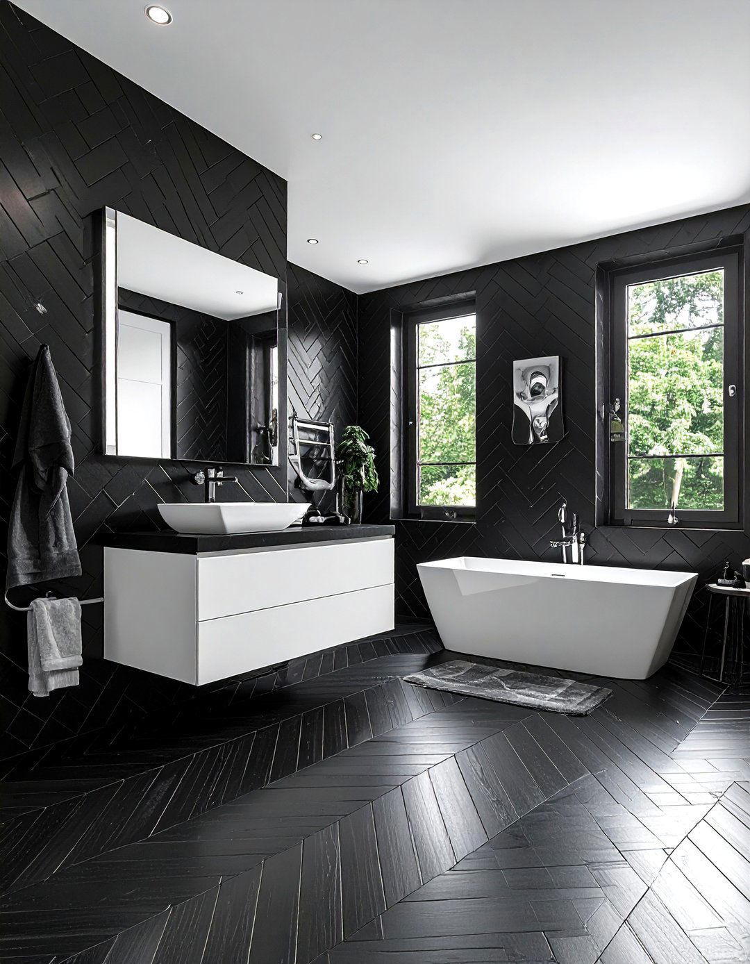 Black Herringbone Floor - 30 black bathroom design ideas