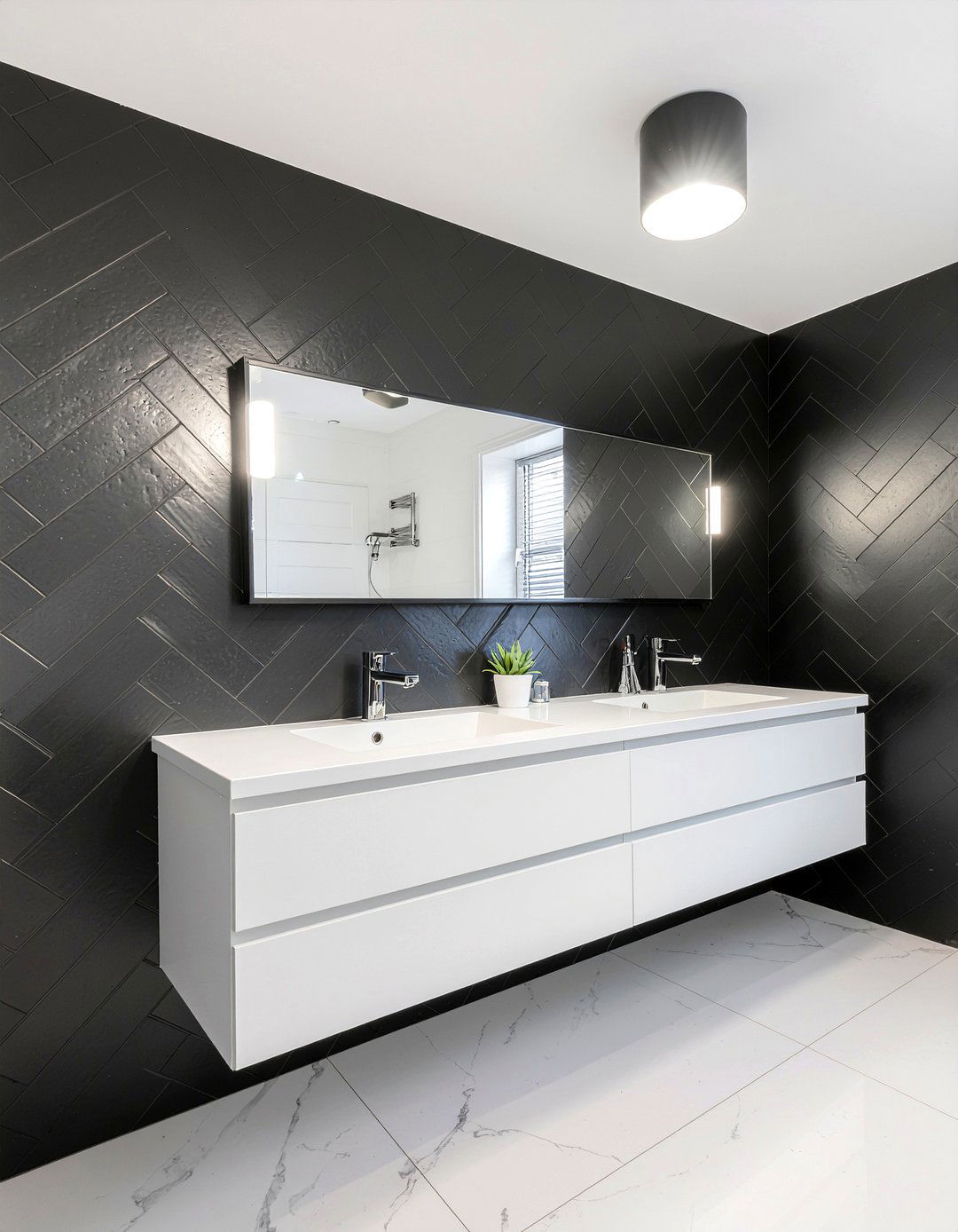 Black Herringbone Tile Wall - 30 matte black bathroom ideas