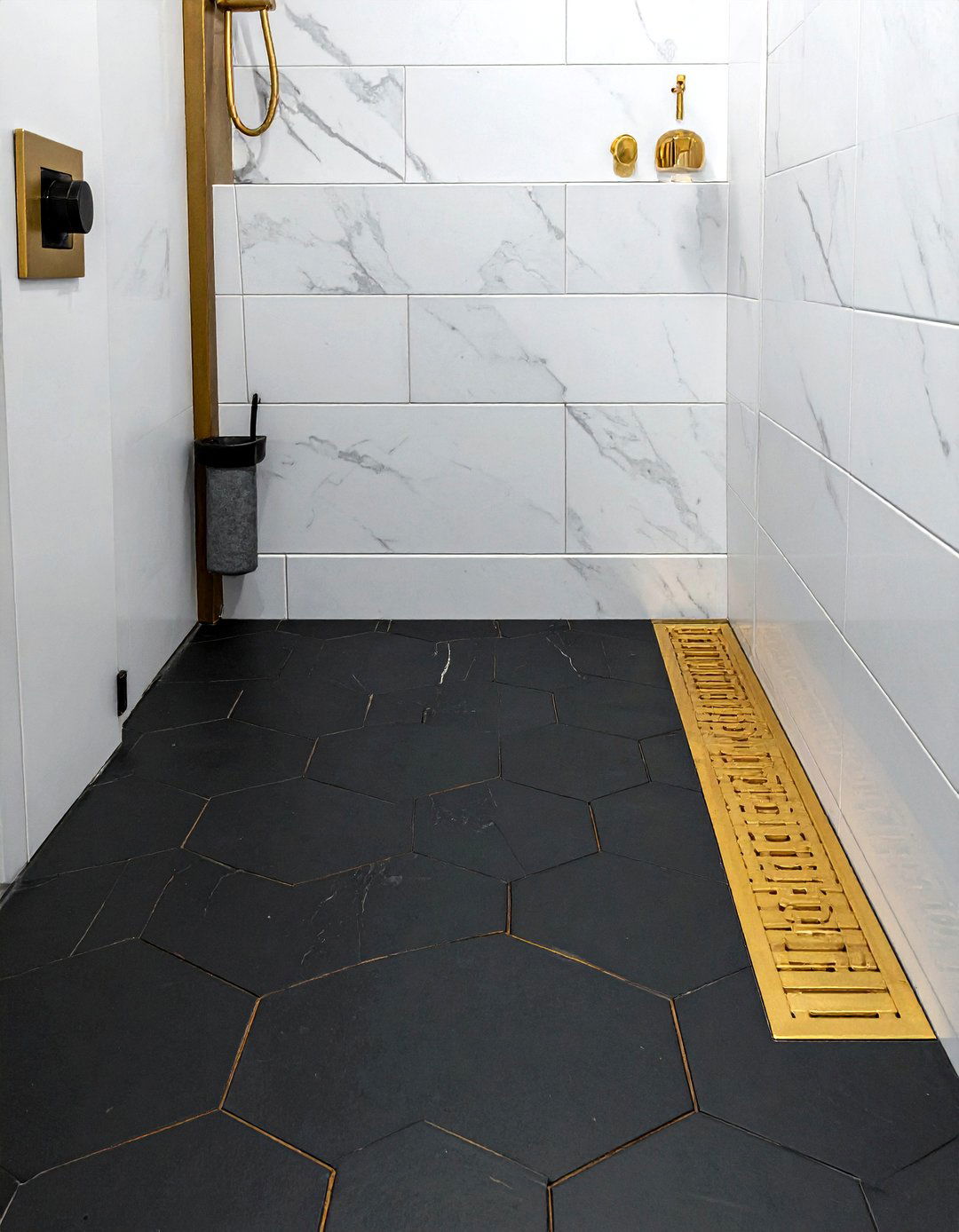 Black Hex Tile Gold Accents - 30 black and gold bathroom ideas