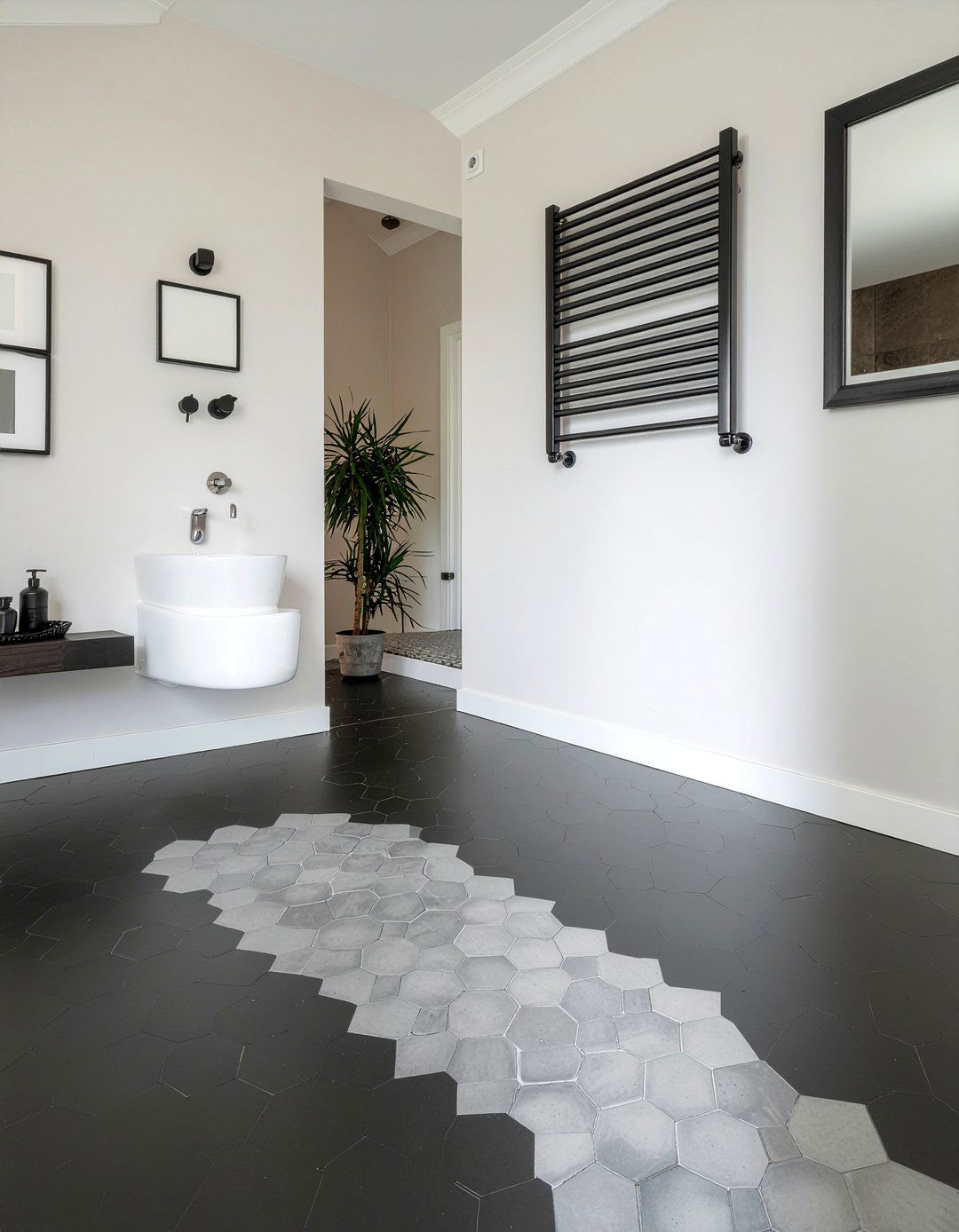 Black Hexagon Floor Tile - 30 matte black bathroom ideas