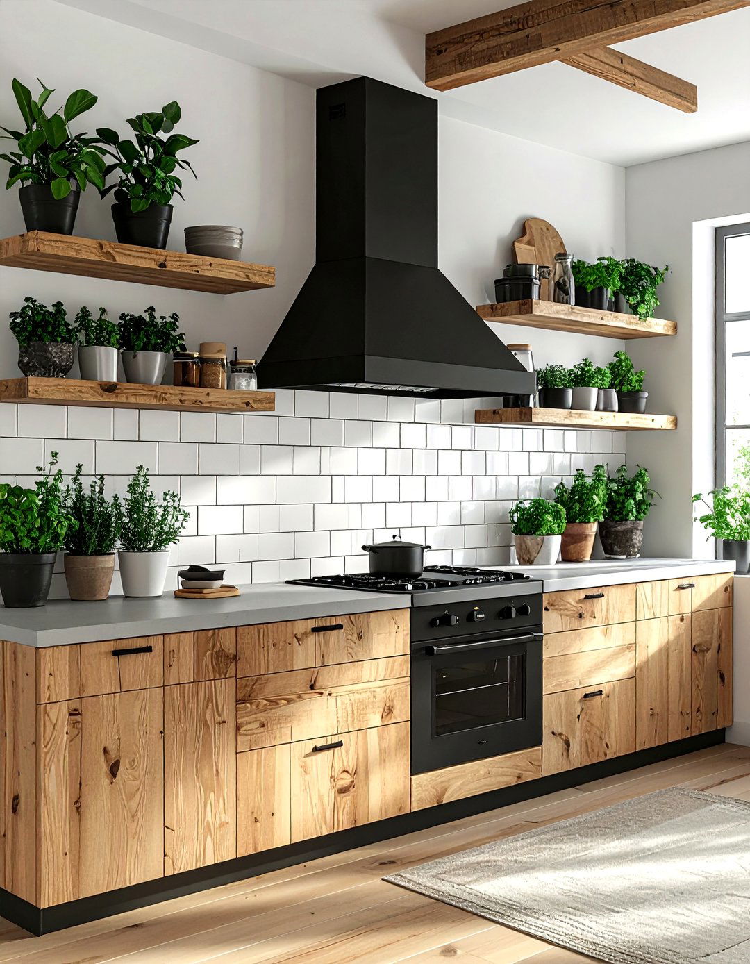 Black Hood Wood Shelves - 30 black hood kitchen ideas