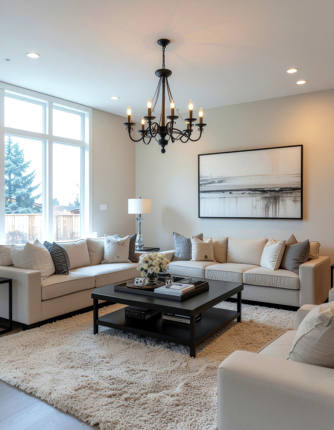 Black Iron Chandelier For Neutral Living Room - 30 living room chandelier sizing ideas