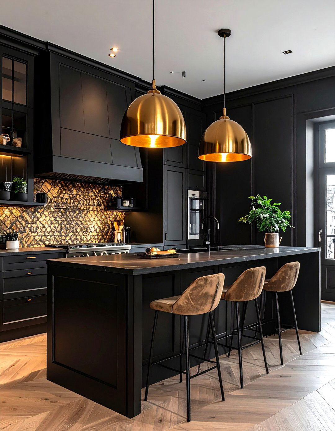 Black Kitchen With Brass Lighting - 30 dark black kitchen ideas