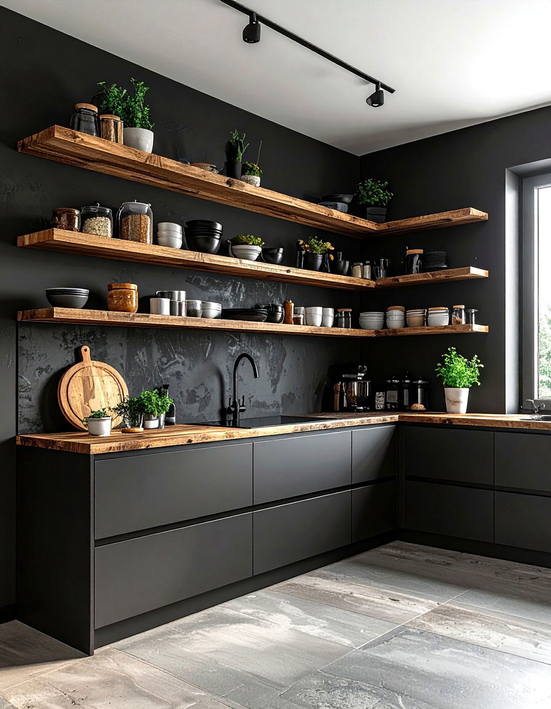 Black Kitchen With Open Shelving - 30 dark black kitchen ideas