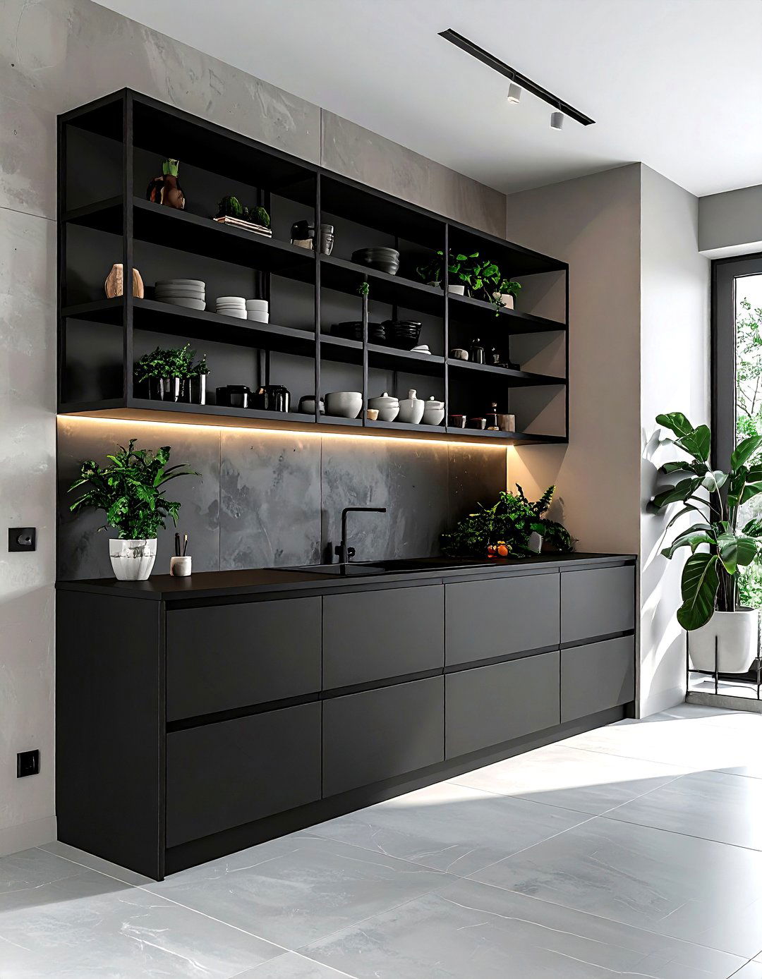 Black Kitchen With Open Shelving - 30 black kitchen furniture ideas