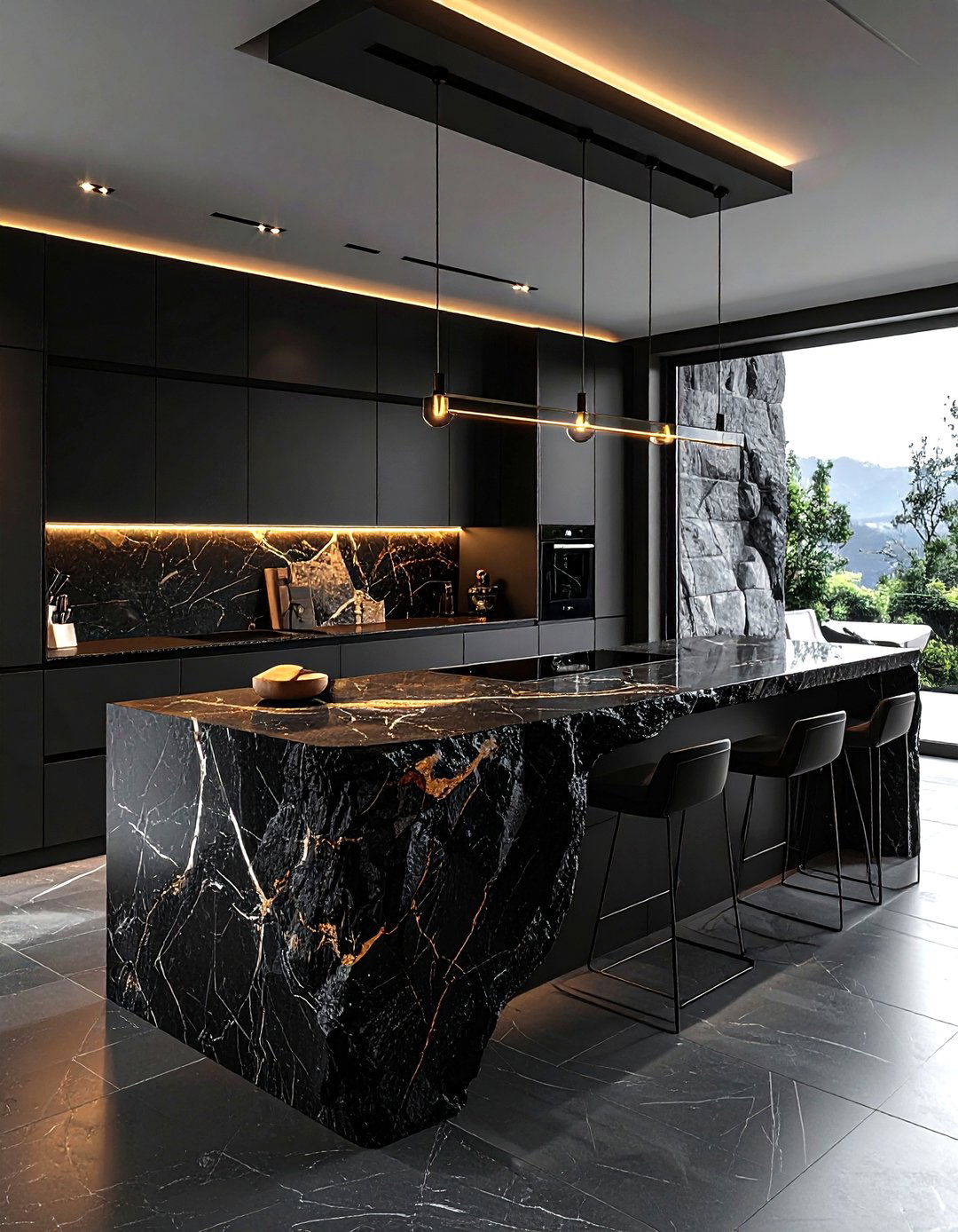 Black Kitchen With Waterfall Island - 30 dark black kitchen ideas