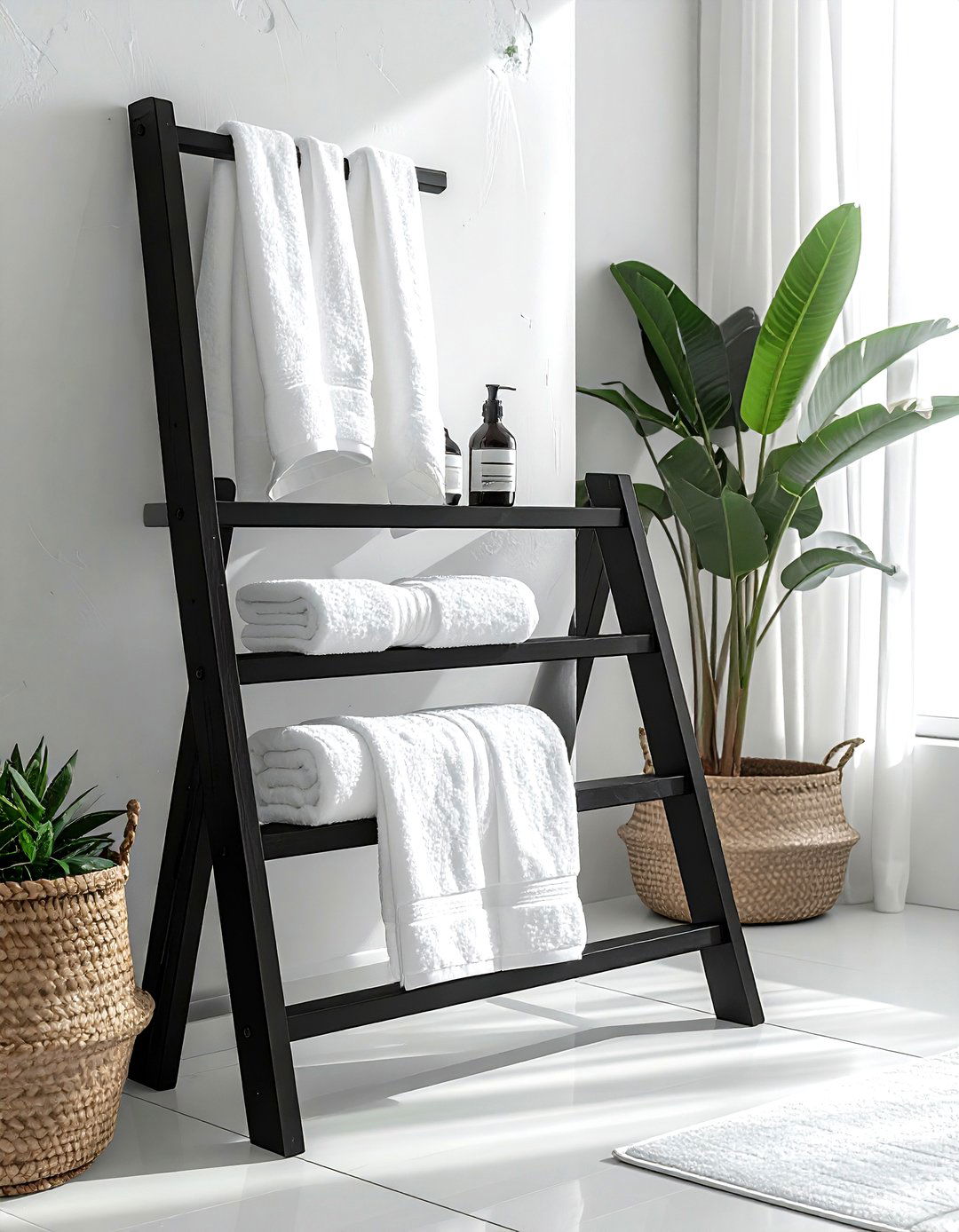 Black Ladder Towel Rack - 30 black bathroom furniture ideas