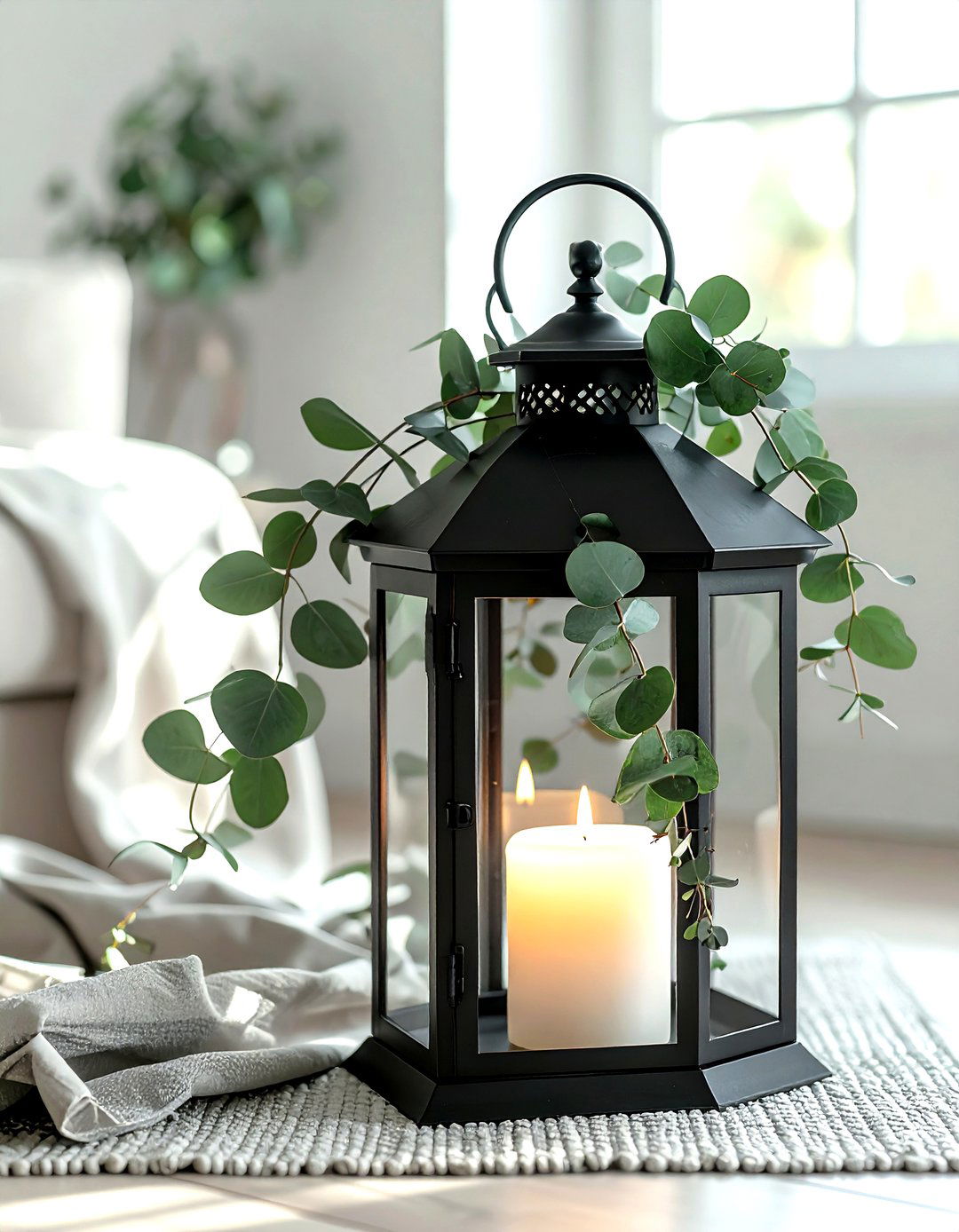 Black Lantern With Greenery - 30 living room candle lanterns
