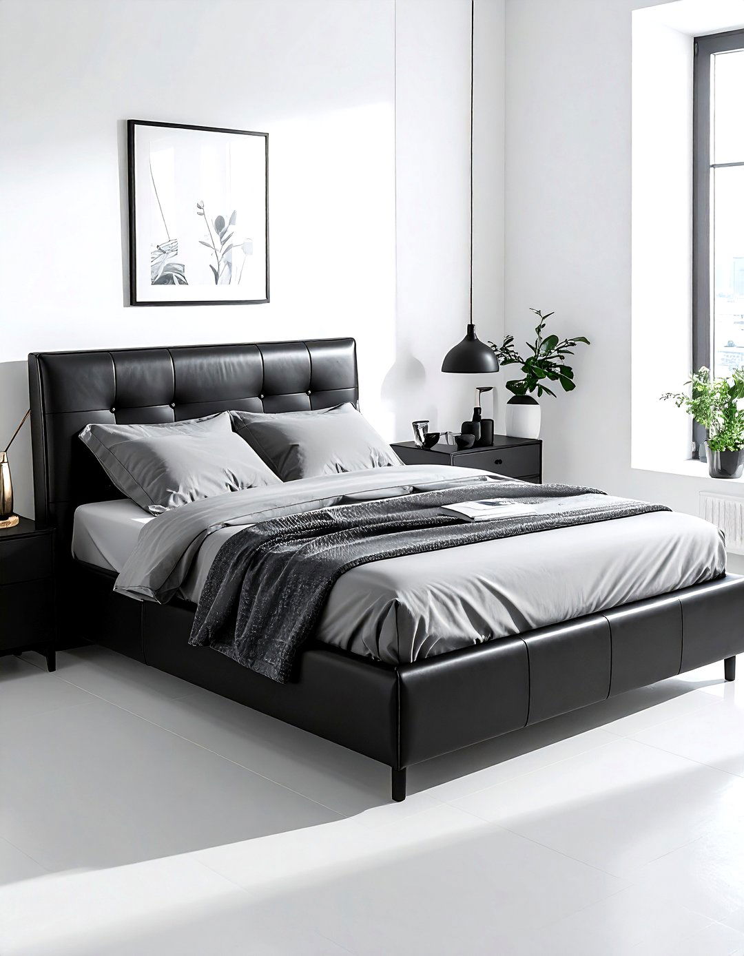 Black Leather Bed - 30 minimalist black bedroom ideas