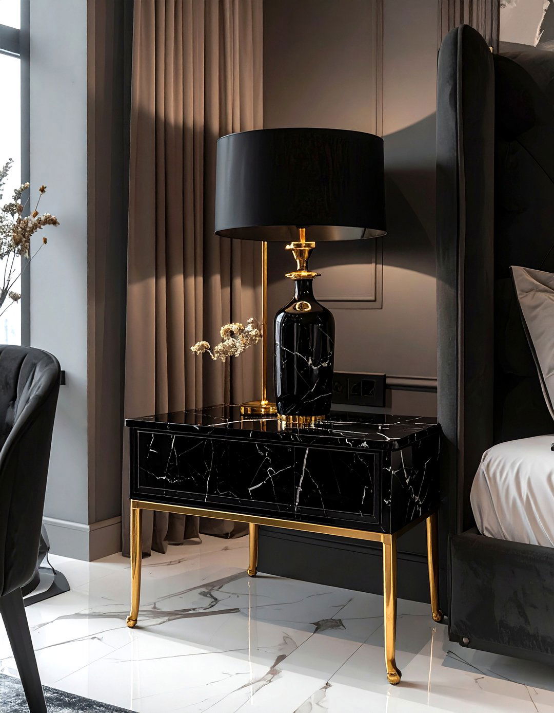 Black Marble Accents - 30 contemporary black bedroom ideas