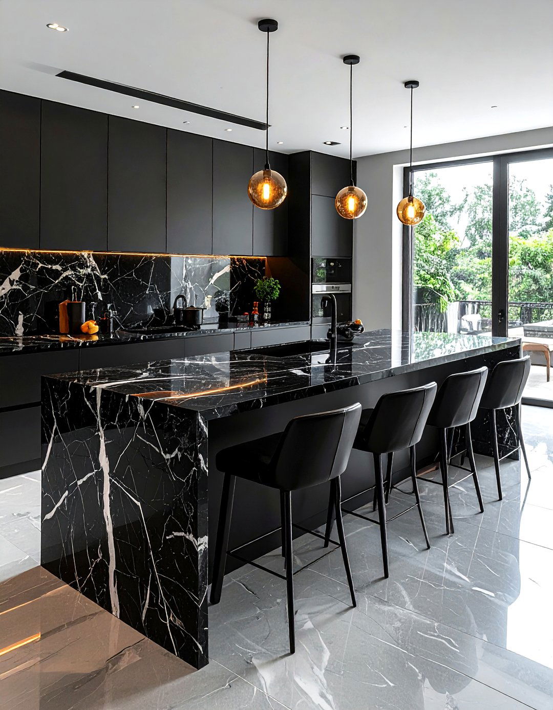 Black Marble Countertop Waterfall Island - 30 black countertop kitchen ideas