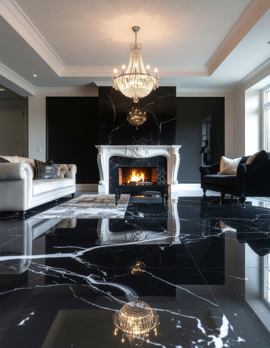 Black Marble Floor - 30 glam living room ideas