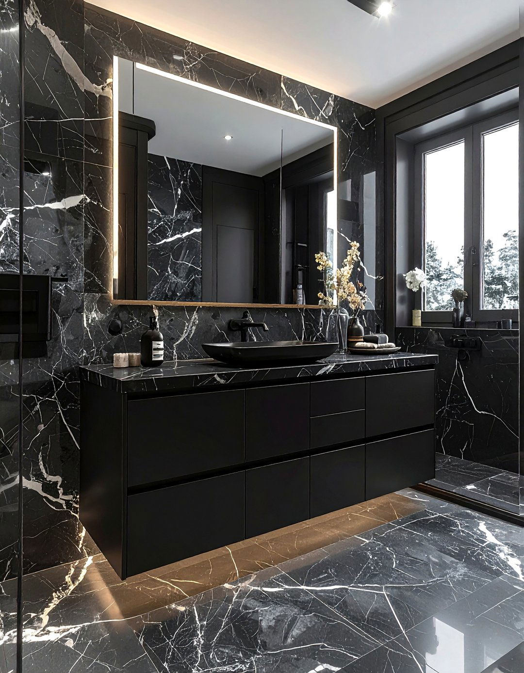 Black Marble Vanity - 30 black bathroom design ideas