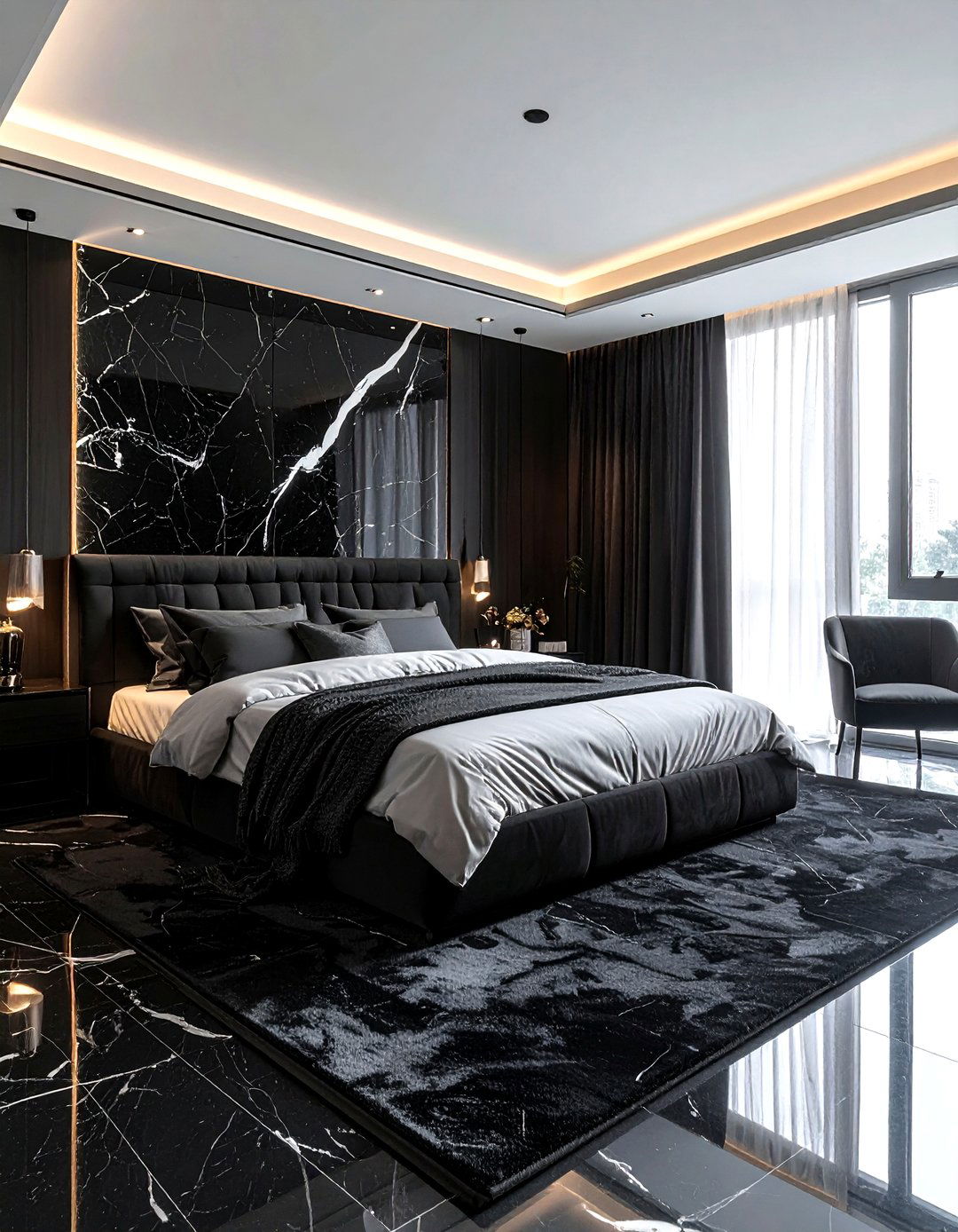 Black Marble Wall - 30 modern black bedroom ideas