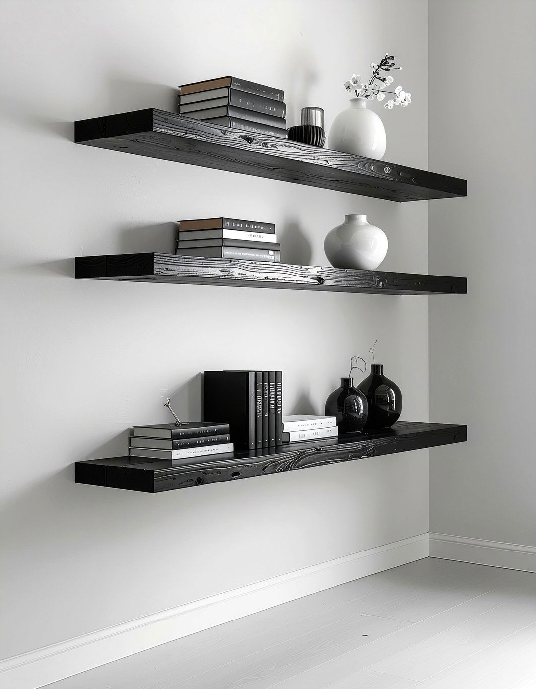 Black Matte Shelves - 30 bedroom wall shelving ideas