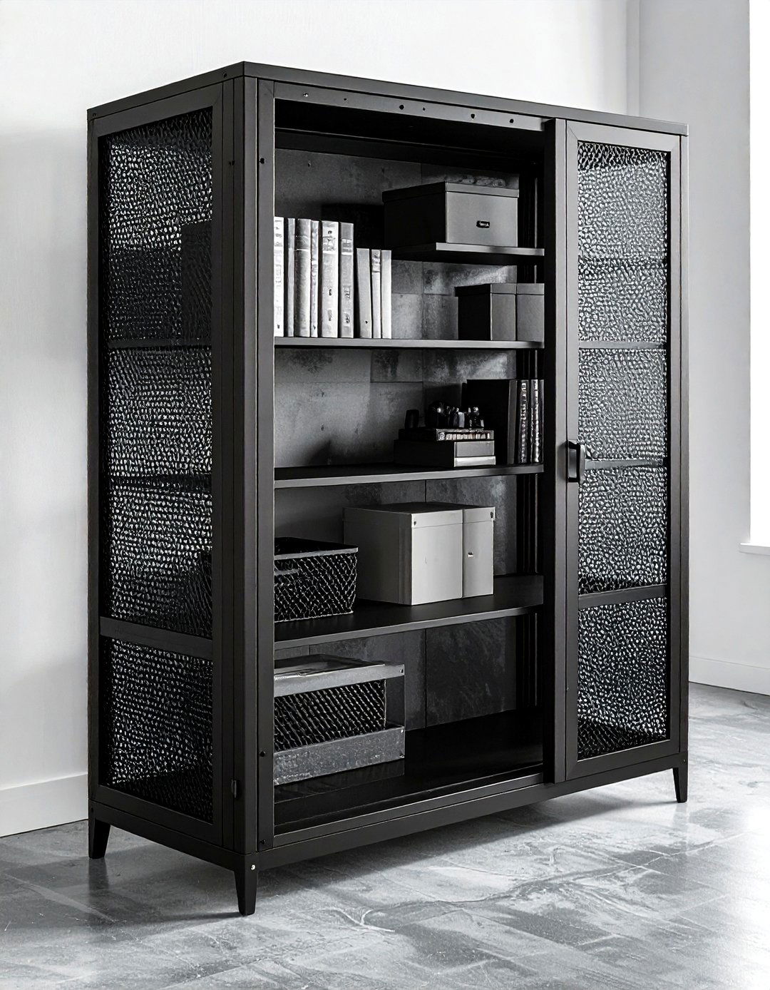 Black Metal Mesh Cabinet - 30 living room cabinet storage ideas