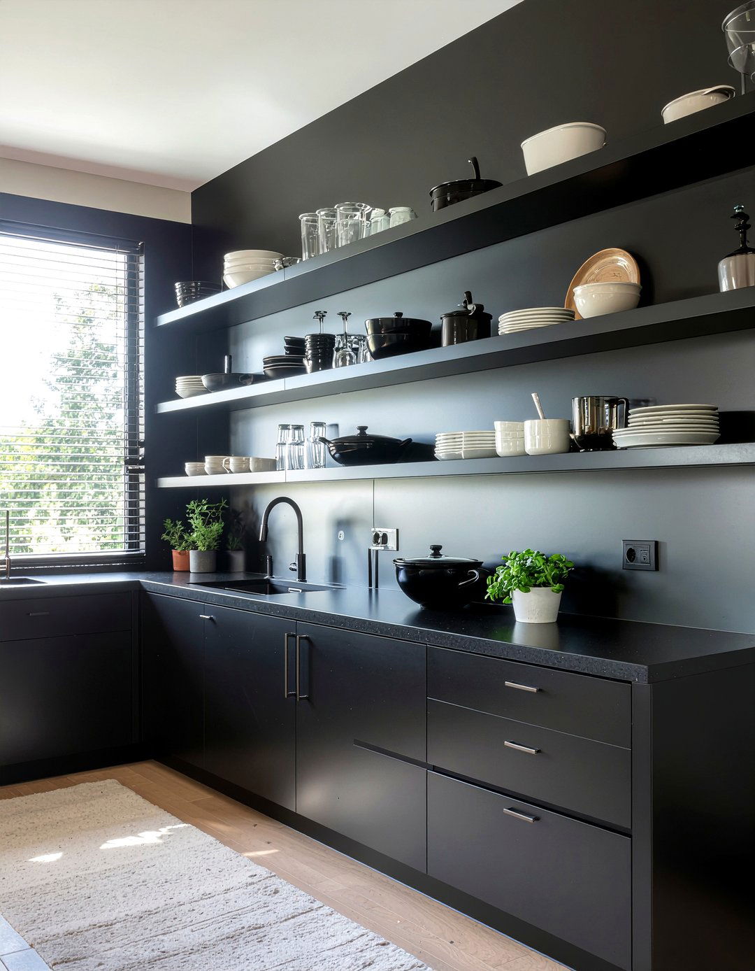 Black Open Shelving - 30 all black kitchen ideas