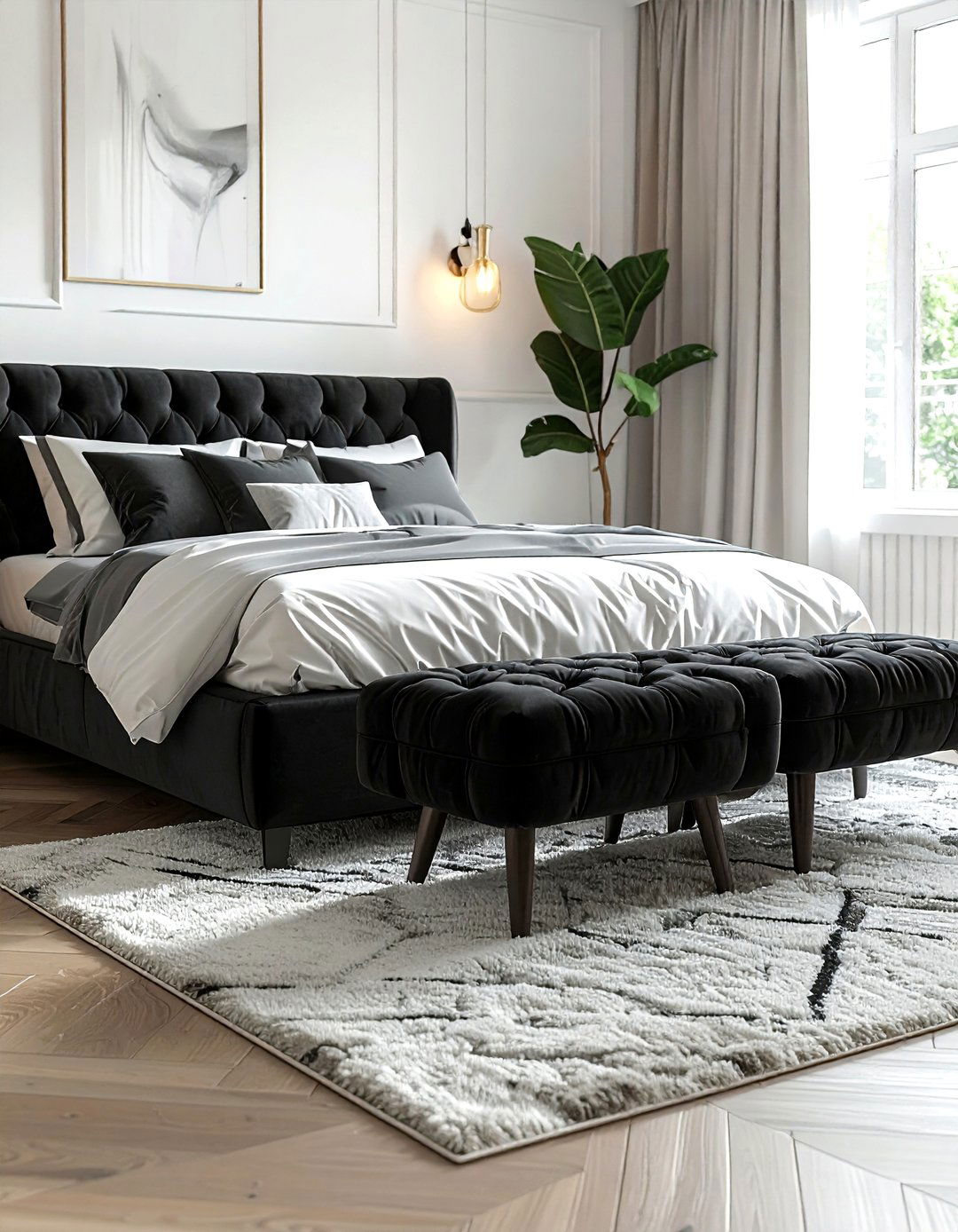 Black Ottoman Stools - 30 black bedroom accessories ideas