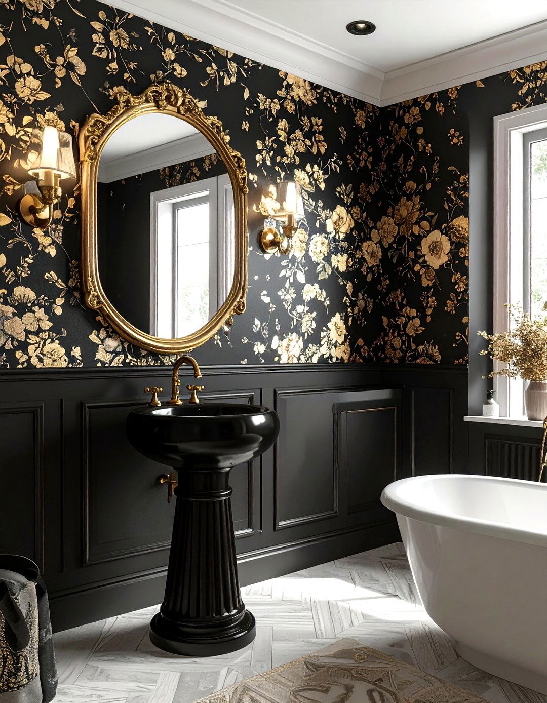 Black Patterned Wallpaper - 30 black bathroom design ideas