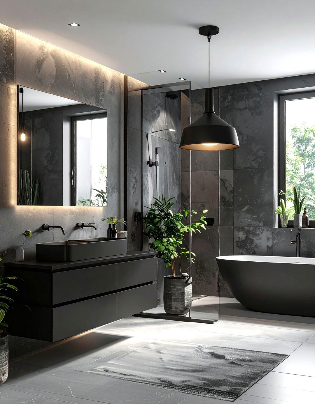 Black Pendant Light - 30 black bathroom design ideas