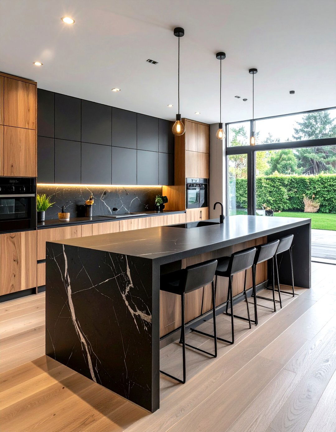 Black Quartz Waterfall Island - 30 waterfall kitchen island ideas