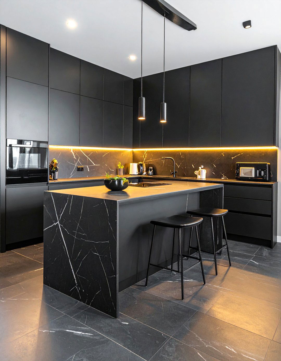 Black Quartz White Vein - 30 veined countertop kitchen ideas