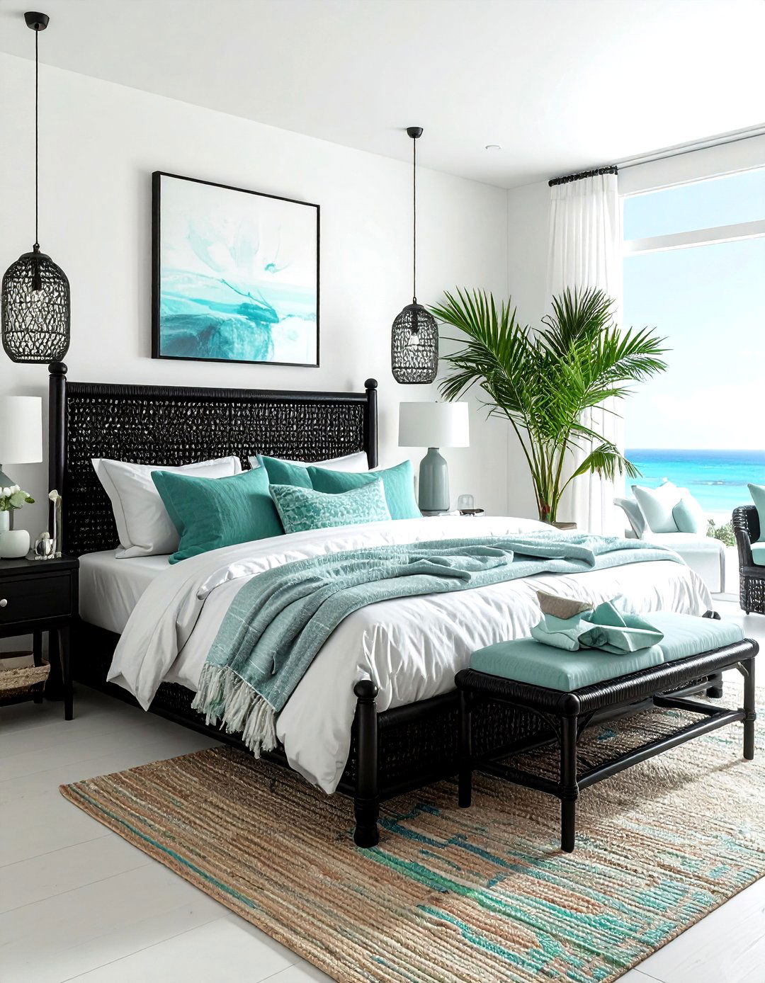 Black Rattan Coastal Retreat - 30 coastal black bedroom ideas