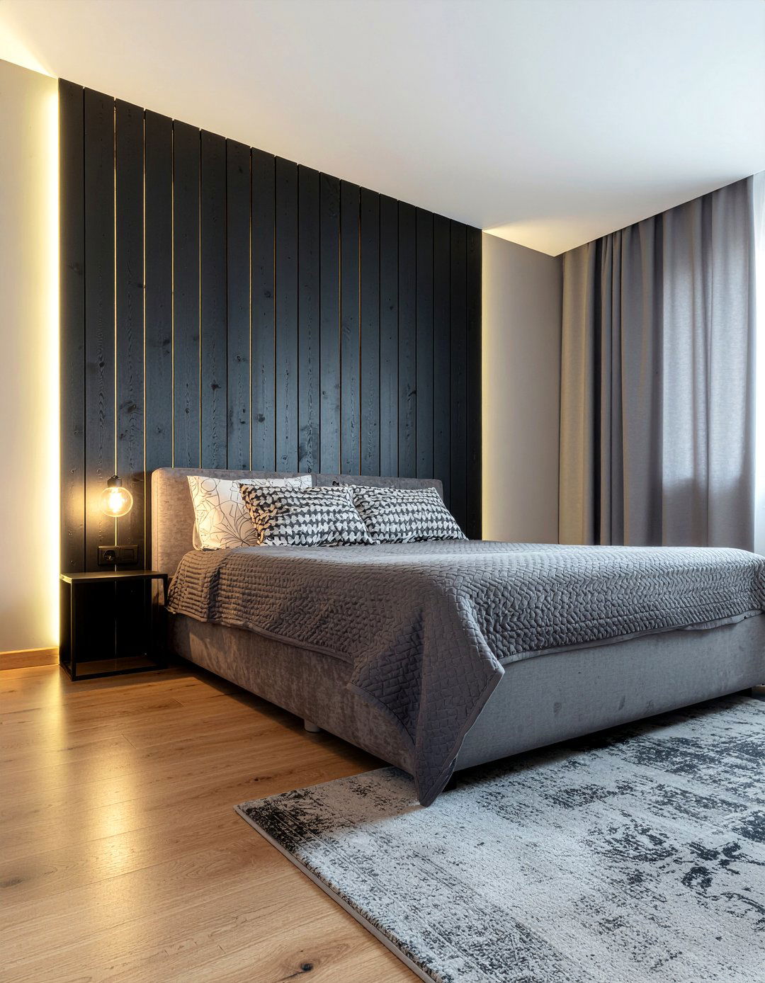 Black Slat Wall - 30 bedroom paneling ideas