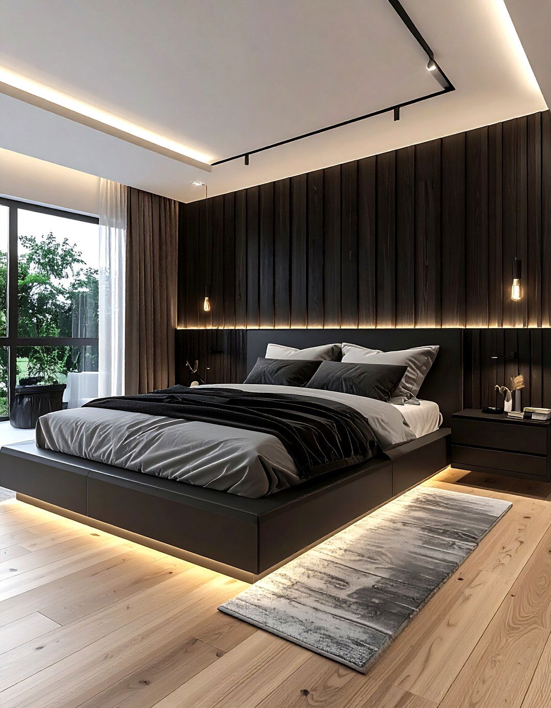 Black Slat Wall - 30 black bedroom design ideas