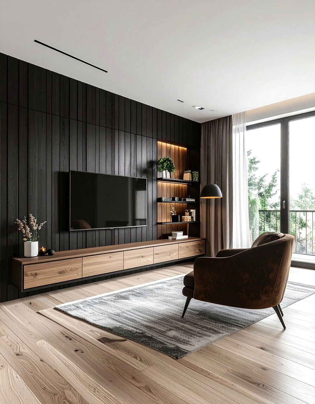 Black Slat Wall - 30 contemporary black living room ideas
